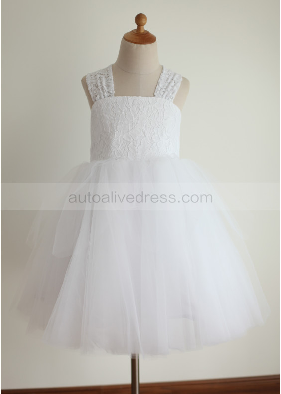 White Lace Tulle Cross Back Flower Girl Dress